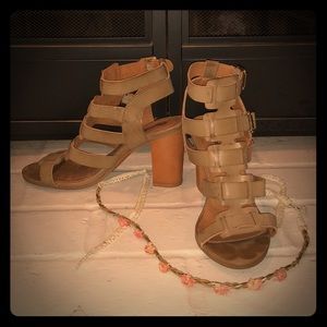 Tan and wood look block heel